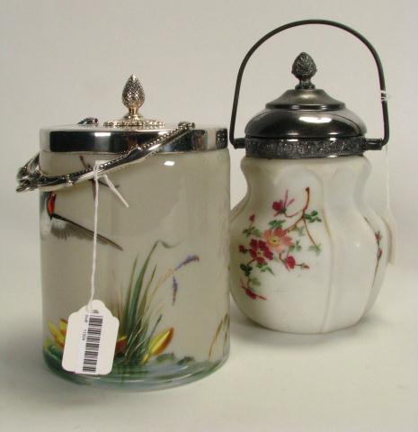 Appraisal: Two hand painted glass biscuit jars including pond scene with