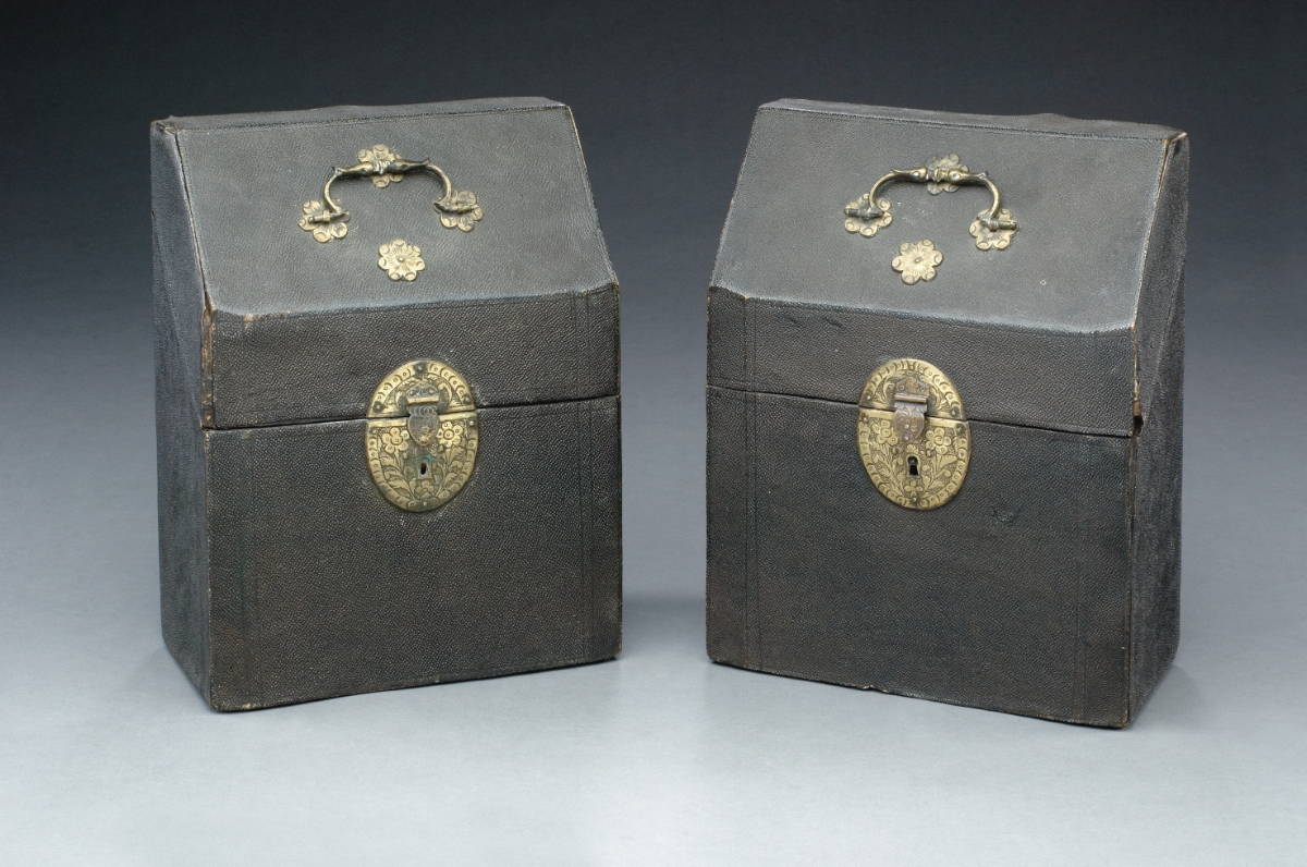 Appraisal: PAIR OF SHAGREEN KNIFE BOXES WITH ORIGINAL ENGRAVED BRASS MOUNTS