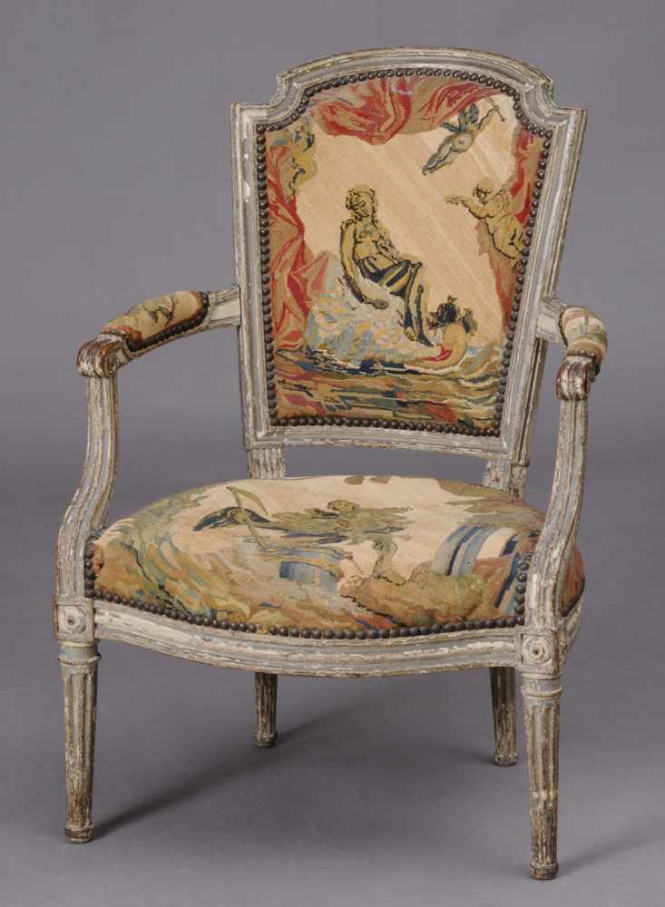 Appraisal: LOUIS XVI PAINTED FAUTEUIL EN CABRIOLET The arched upholstered backrest