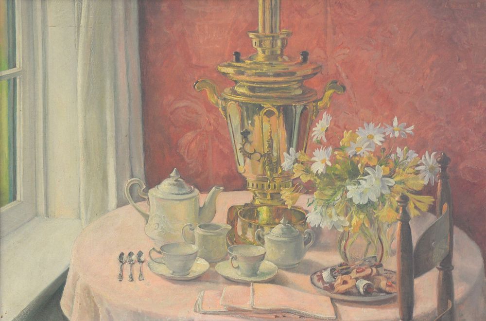 Appraisal: Leila Sawyer American - still life with tea oil on