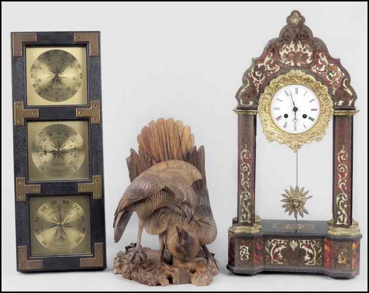 Appraisal: CONTINENTAL BURLWOOD VENEER CLOCK Together with a carved wood bird