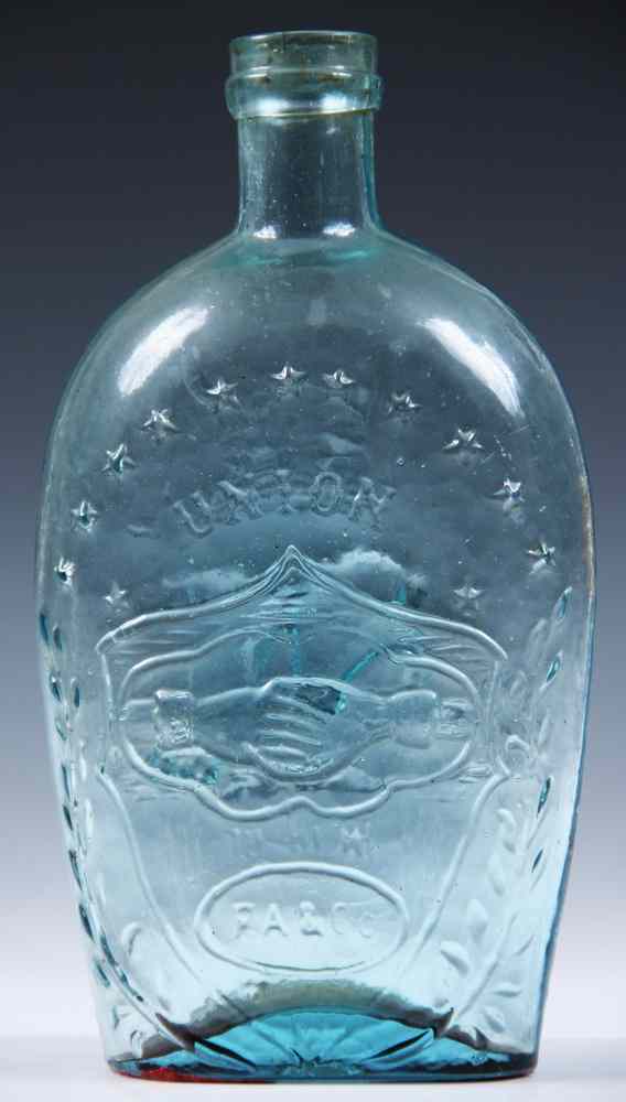 Appraisal: CIVIL WAR GLASS LIQUOR FLASK - Pale Blue Patriotic Themed