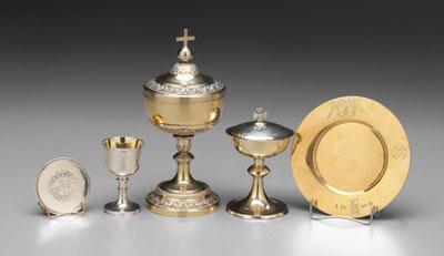 Appraisal: Five pieces church silver Continental gilt silver ciborium quot eccherelli