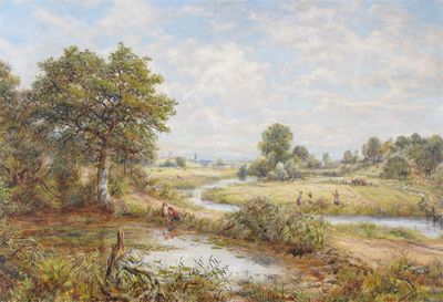 Appraisal: George William Mote - A river landscape with figures haymaking