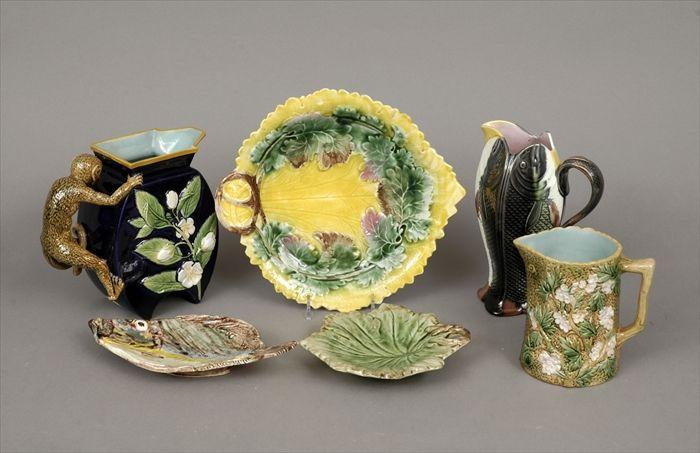 Appraisal: Six Majolica Articles Including three pitchers two leaf-form dishes and