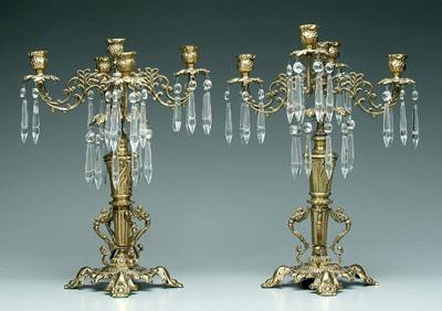 Appraisal: Pair brass five-cup candelabra modern each - in with prisms