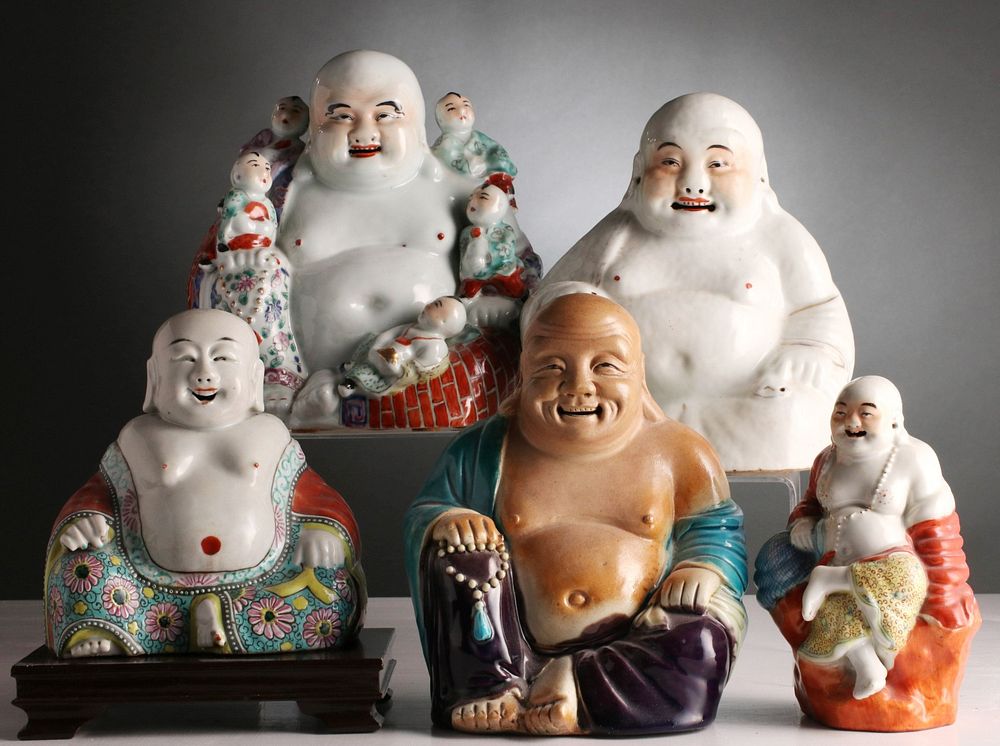 Appraisal: A COLLECTION OF FIVE PORCELAIN LAUGHING BUDDHA FIGURES The collection