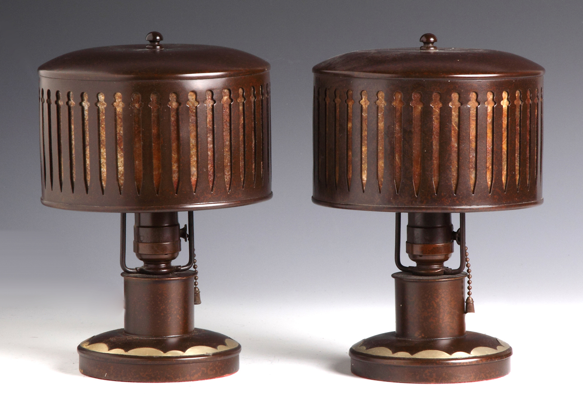 Appraisal: An Unusual Pair of Heintz Art Copper Silver Overlay Lamps