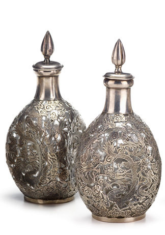 Appraisal: Pair of Chinese export silver on glass bottle sstamped sterling