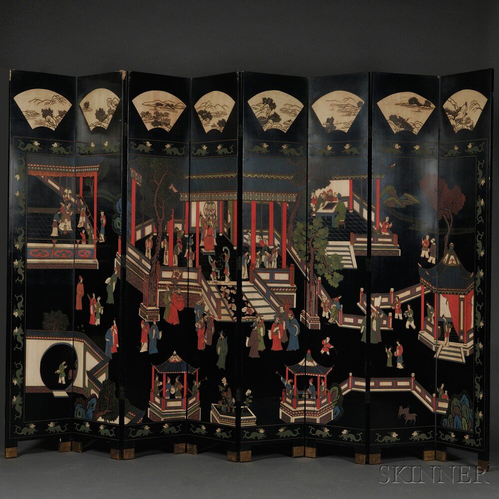 Appraisal: Eight-panel Lacquered Screen China one side depicting a flowery landscape