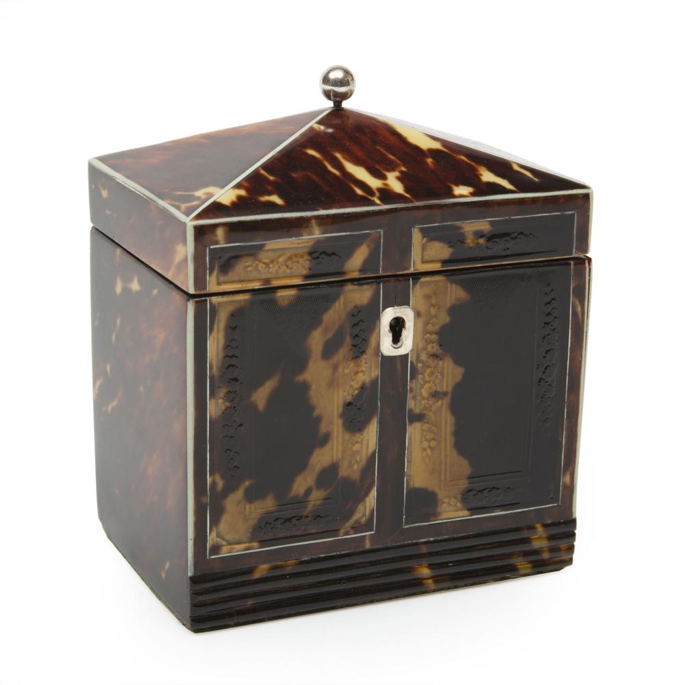 Appraisal: Georgian Tortoiseshell Tea Caddy th c pyramid top unusual pressed