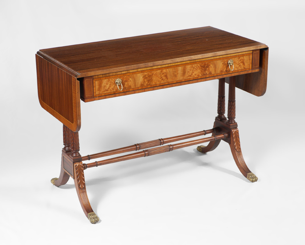 Appraisal: DROP LEAF MAHOGANY WRITING TABLE Banded mahogany with string inlay