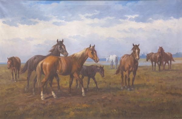 Appraisal: LAJOS KORPACS HUNGARIAN B x Herd of horses Oil on