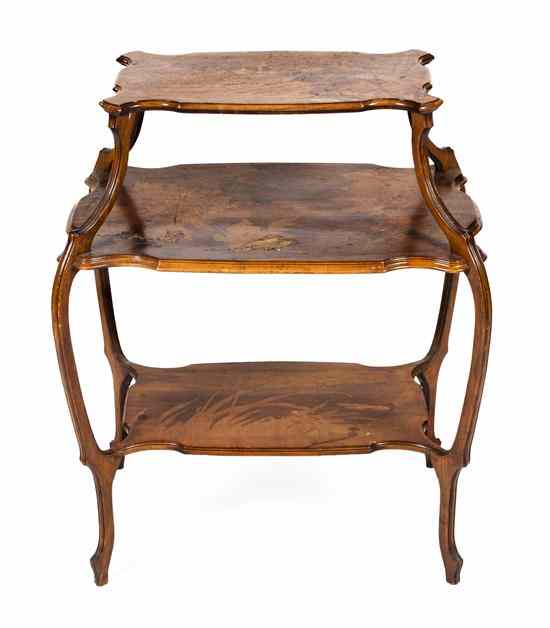 Appraisal: A Three-Tier Galle Marquetry Etagere having three conforming shaped graduated