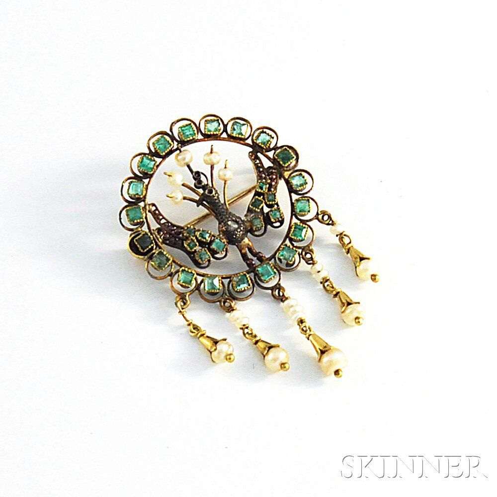 Appraisal: Antique Gem-set Peacock Brooch with emeralds and suspending pearl drops