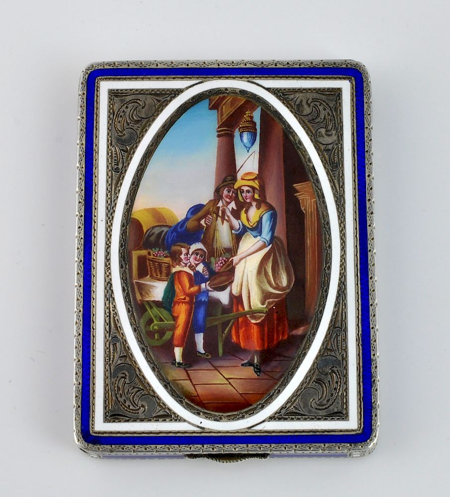 Appraisal: German Sterling Enameled Card Box Hallmarked Brilliant blue white German