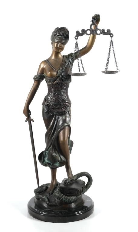 Appraisal: BRONZE GODDESS OF JUSTICE STATUELarge female bronze sculpture representing blind