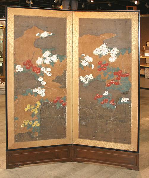 Appraisal: Anonymous Chrysanthemums Large two panel screen ink color gold and