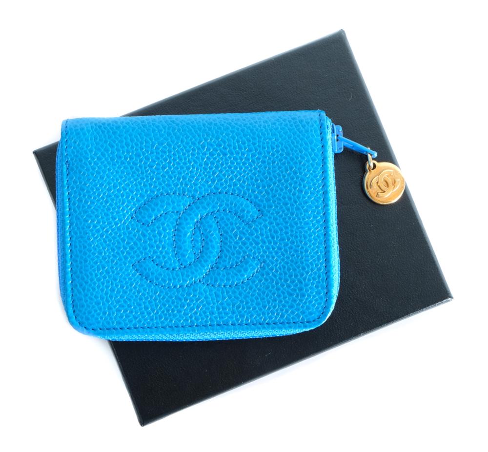 Appraisal: CHANEL BLUE CAVIAR LEATHER COIN PURSE W BOXChanel blue caviar