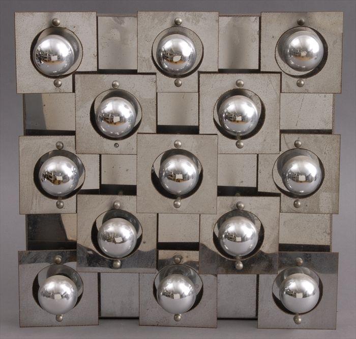 Appraisal: CHROMIUM-PLATED WALL LIGHT The square back plate fitted with bulbs