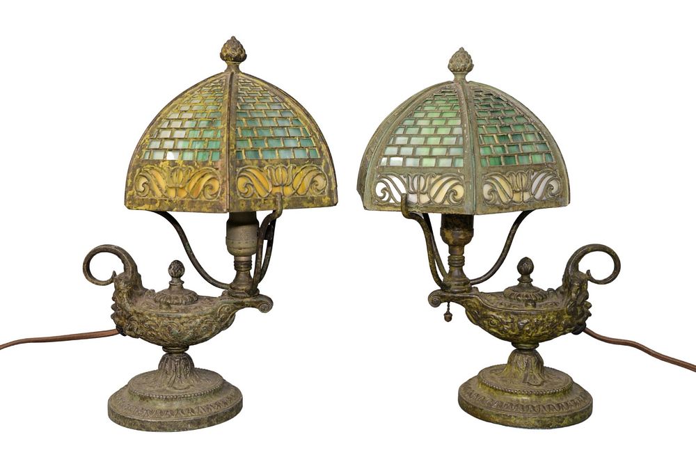 Appraisal: Pair of Diminutive Table Lamps with six sided slag glass