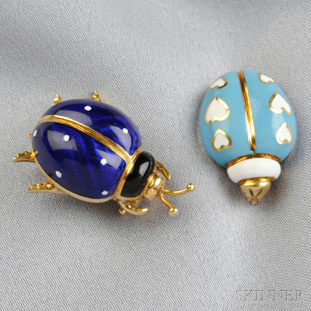 Appraisal: Two kt Gold and Enamel Ladybug Brooches one Tiffany Co