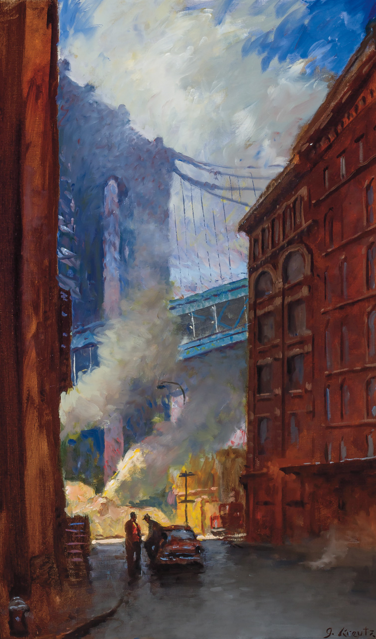 Appraisal: GREGG KREUTZ American b Under the Brooklyn Bridge oil on