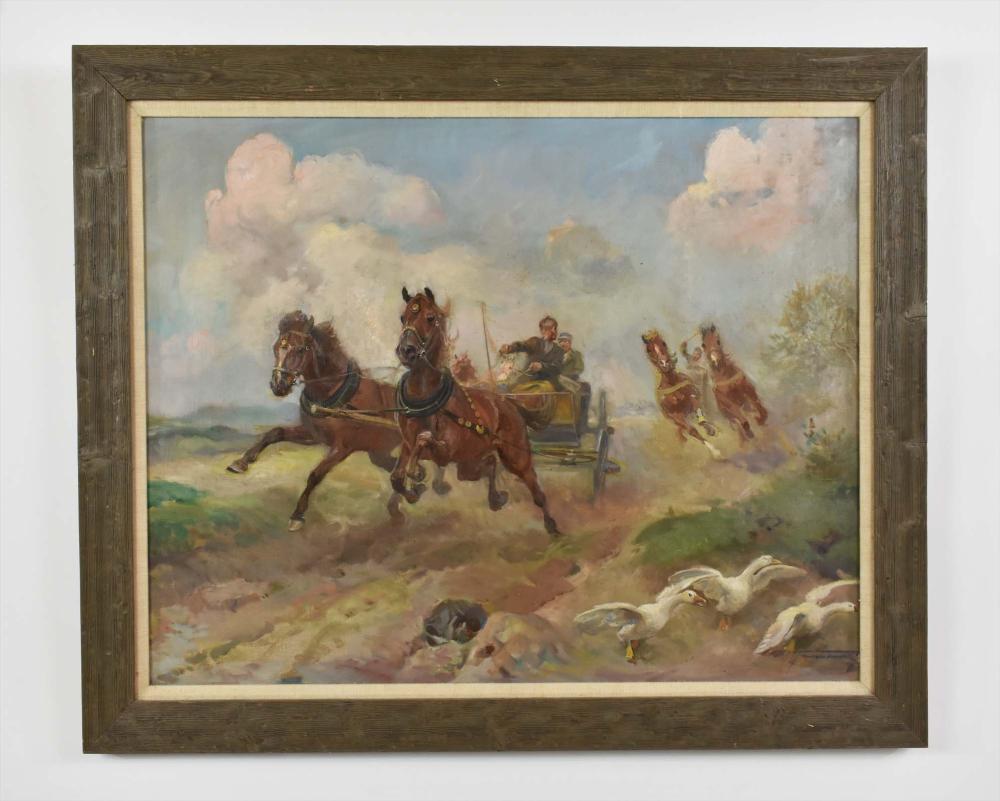 Appraisal: POLISH SCHOOL TH CENTURY Racing Horse Cart Scene with Geese