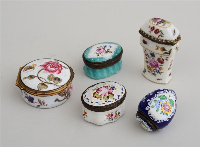 Appraisal: GROUP OF FIVE ENGLISH FLORAL-DECORATED ENAMEL BOXES Comprising two oval