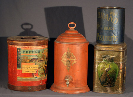 Appraisal: Red Painted Metal Beverage Dispenser and a Group of Three