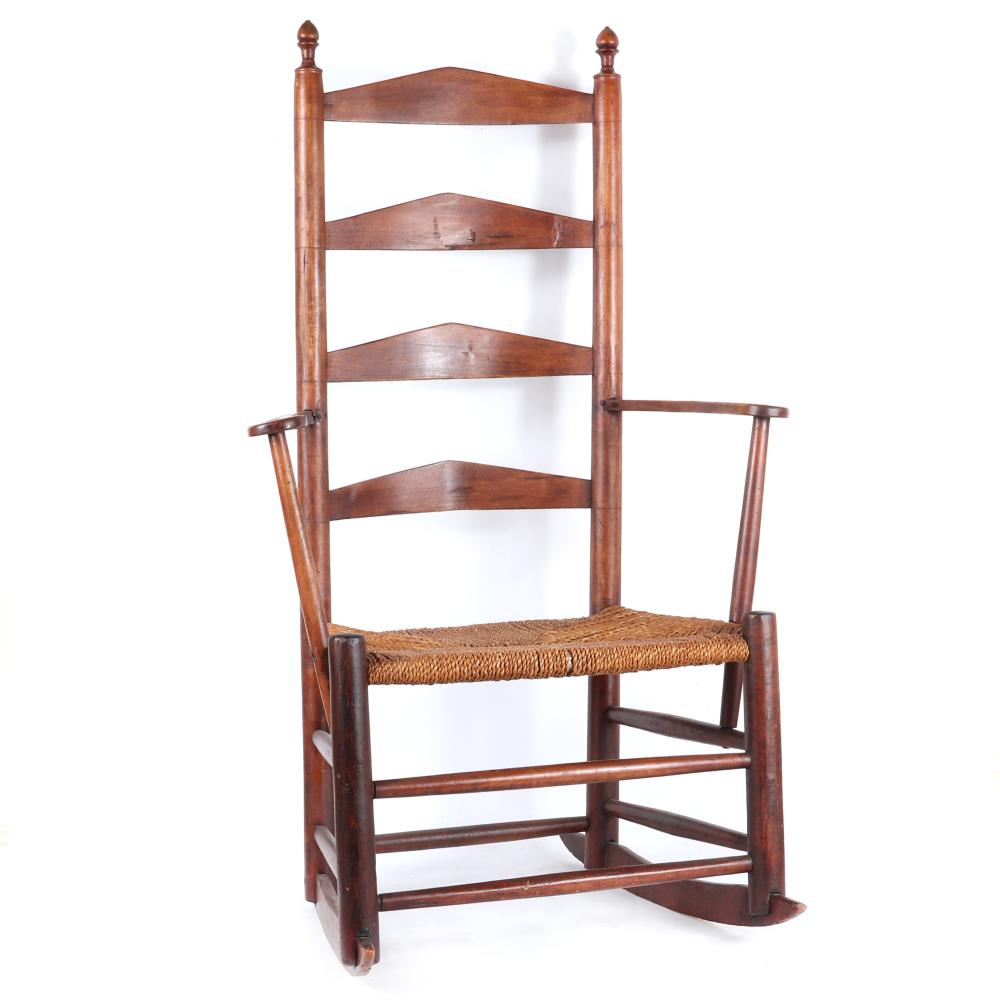 Appraisal: ANTIQUE EARLY AMERICAN SHAKER LADDER BACK ROCKING CHAIR WITH WOVEN