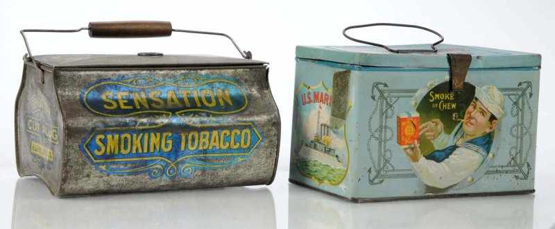 Appraisal: Lot of Tobacco Lunch Boxes Description Lot includes unusually shaped