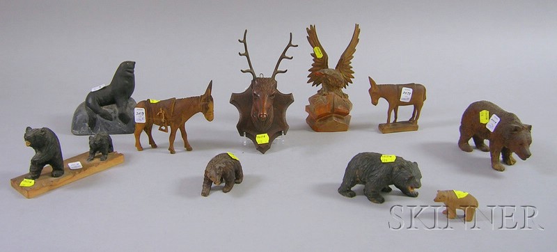 Appraisal: Ten Carved and Painted Wood Animals including bears mules an