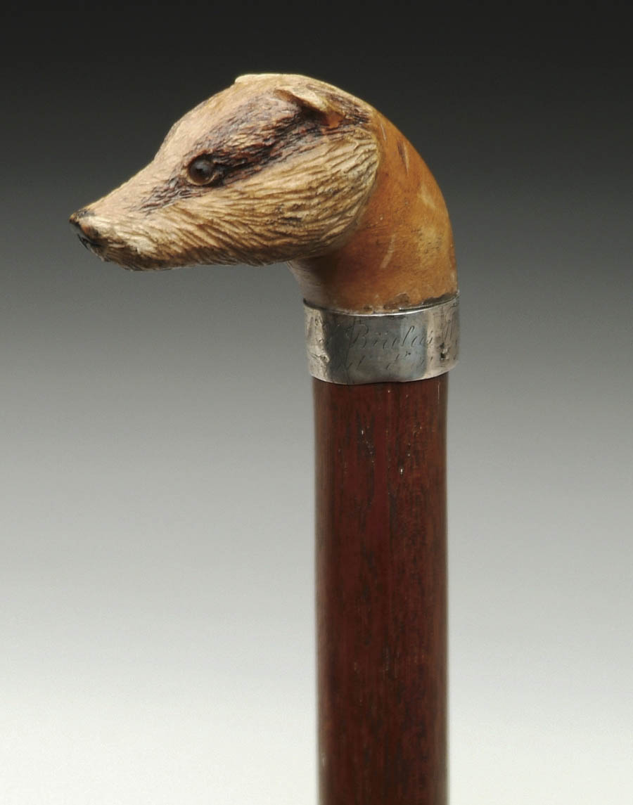 Appraisal: RARE CARVED WOOD FERRET BADGER CANE Ferret badger head has