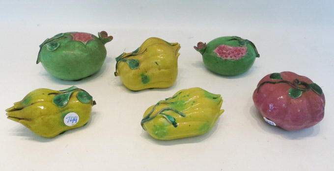 Appraisal: SIX CHINESE EXPORT POTTERY ALTAR FRUIT glazed in yellow green