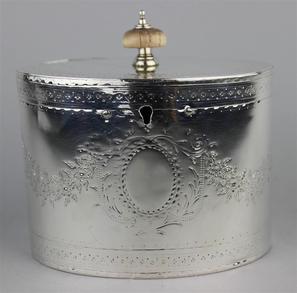 Appraisal: GEORGE III STERLING OVAL TEA CADDY London maker's marks for