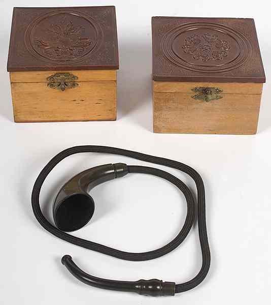 Appraisal: Fine Pair of Gutta Percha Collar Boxes Plus Hearing Aid