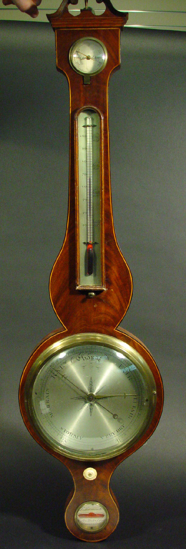 Appraisal: th century inlaid mahogany wheel barometer with swan neck pediment