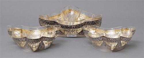 Appraisal: BOWLS WITH GLASS INSERTS Germany ca C Heisler Interior gilded