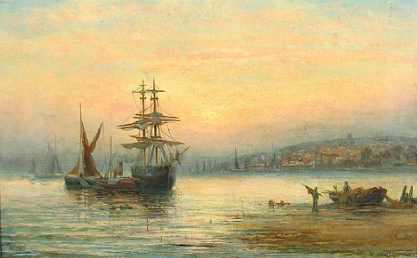 Appraisal: William Thornley British - Sail ships at sunset on the