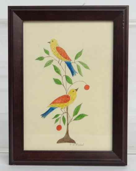 Appraisal: Watercolor on paper ''Pennsylvania Folk Art Birds'' by noted Ct