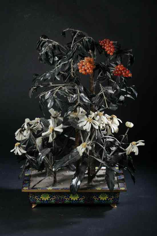 Appraisal: CHINESE JADE AND CARNELIAN FLOWERING TREE AND CLOISONNE JARDINIERE -