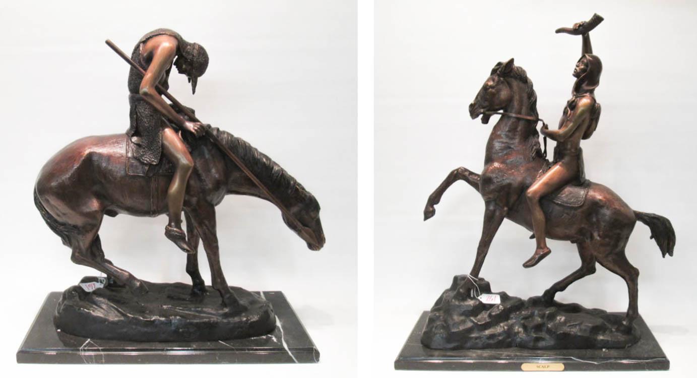 Appraisal: TWO PATINATED BRONZE SCULPTURES AFTER FREDERIC REMINGTON depicting American Indian