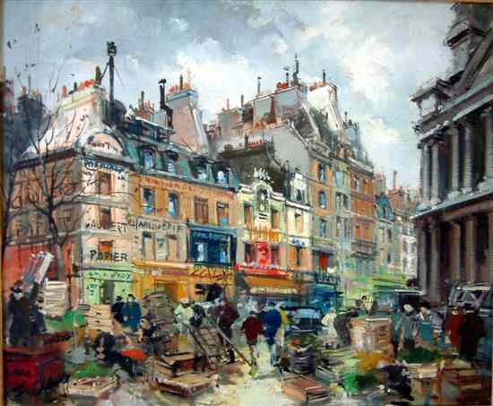 Appraisal: F Claves oil on canvas Paris street market signed x