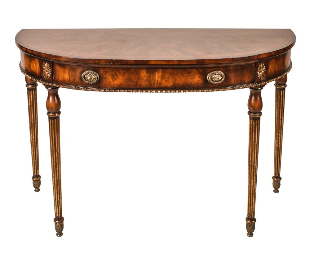 Appraisal: INLAID MAHOGANY DEMILUNE SIDE TABLE th century with gilt accents