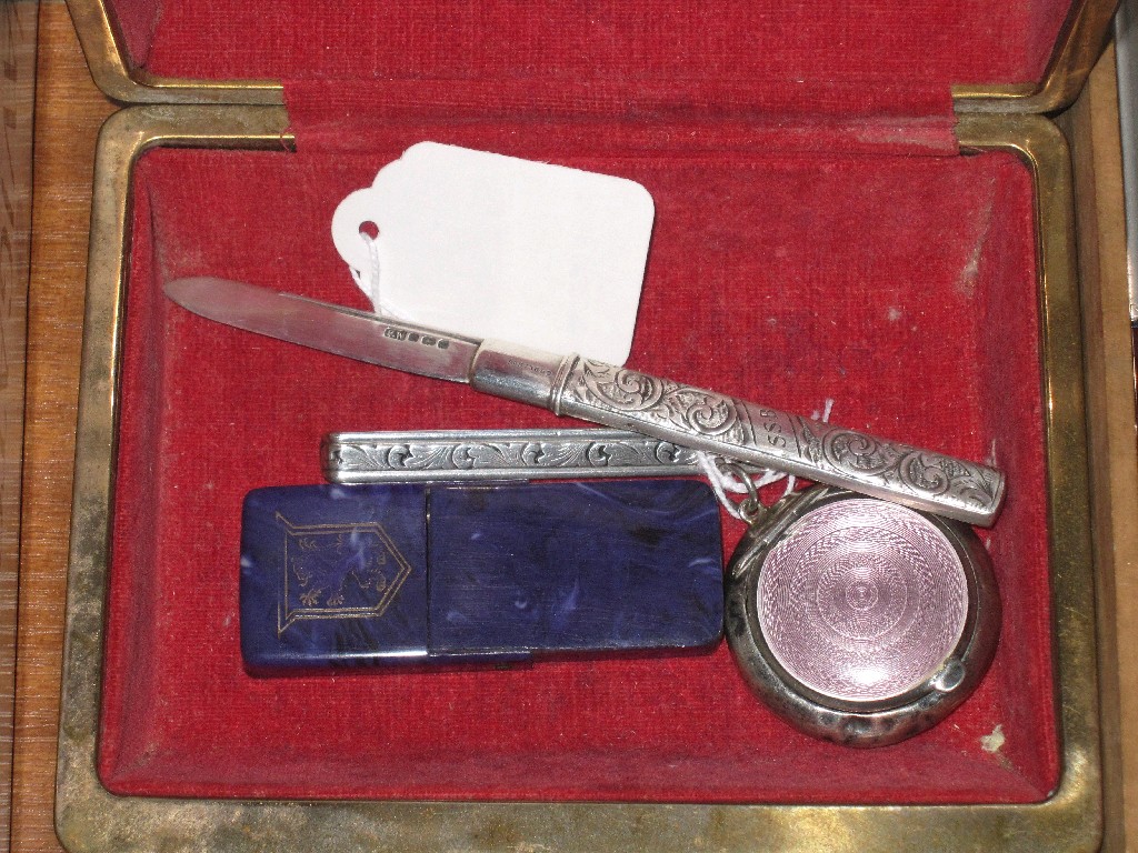 Appraisal: Lot comprising silver knife enamel compact etc