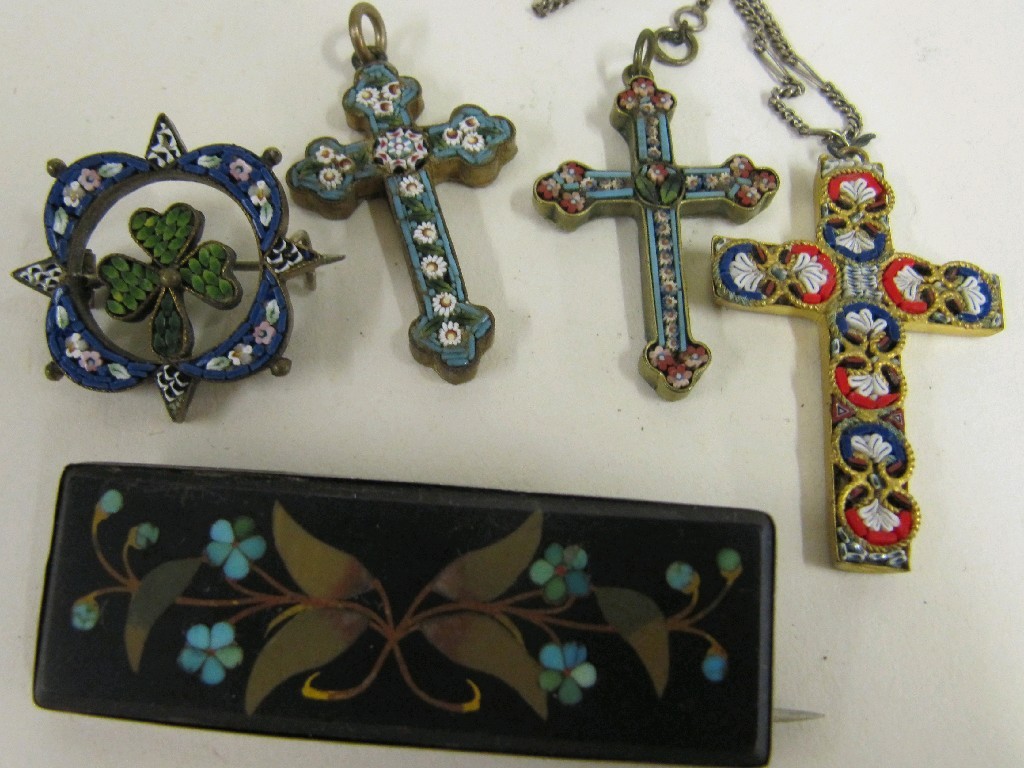 Appraisal: Lot comprising three micro mosaic cross pendants a brooch and