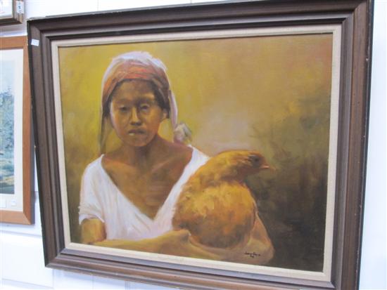 Appraisal: CRUZ JUAN MODERN Portrait of a woman holding a chicken