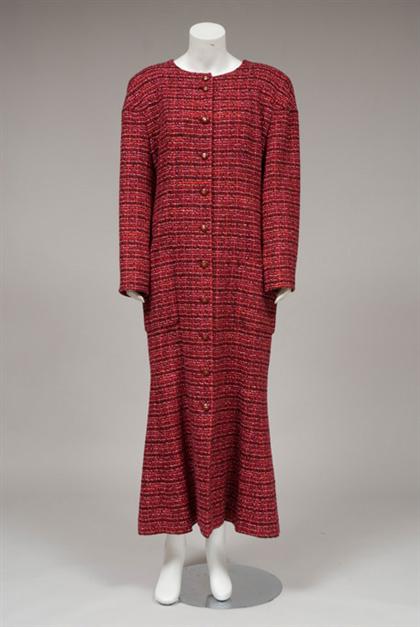 Appraisal: Cranberry boucle Chanel coat fall Full-length wool coat with multi-color