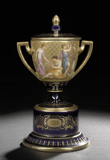 Appraisal: Attractive Cobalt Blue Vienna Porcelain Covered Two-Handled Cup-on-Pedestal fourth quarter